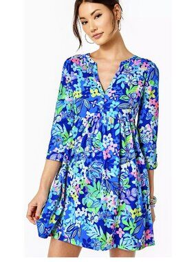 Lilly Pulitzer Loran Swing Dress Borealis Blue Social Butterfly XL Floral Cotton